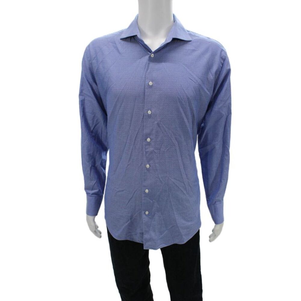 Neiman Marcus Mens Point Spread Dress Shirt Blue 100% Cotton LS Size 34